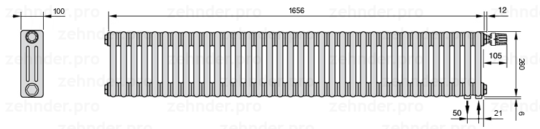 Схема (чертеж) Радиатор Zehnder Charleston 3026/36 №V002 Белый глянцевый RAL 9016